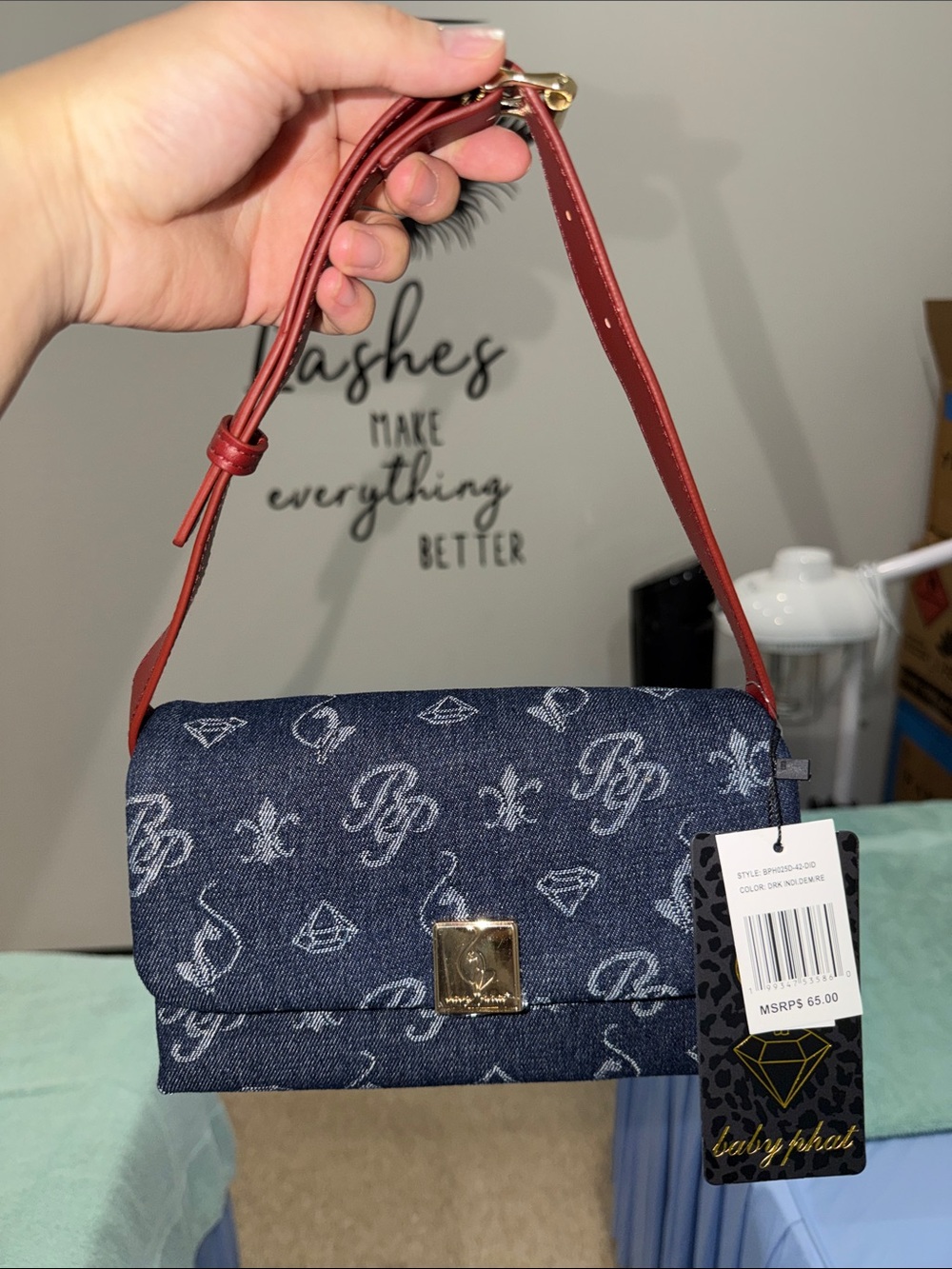 Baby Phat Denim Mini Shoulder Bag in Navy with Red Strap